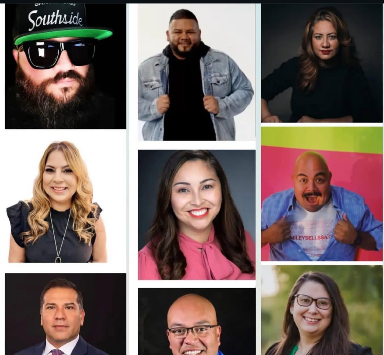 Collage of nine diverse people, some smiling, some with serious expressions, in various poses and backgrounds.