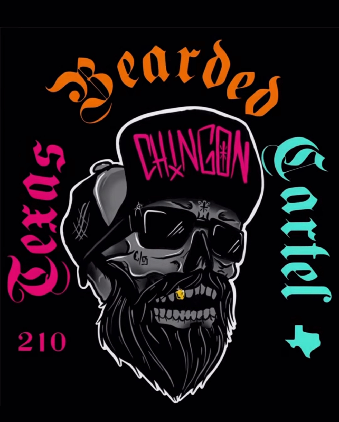 A skull with a beard wearing sunglasses and a cap with pink and purple text, surrounded by colorful words on a black background.