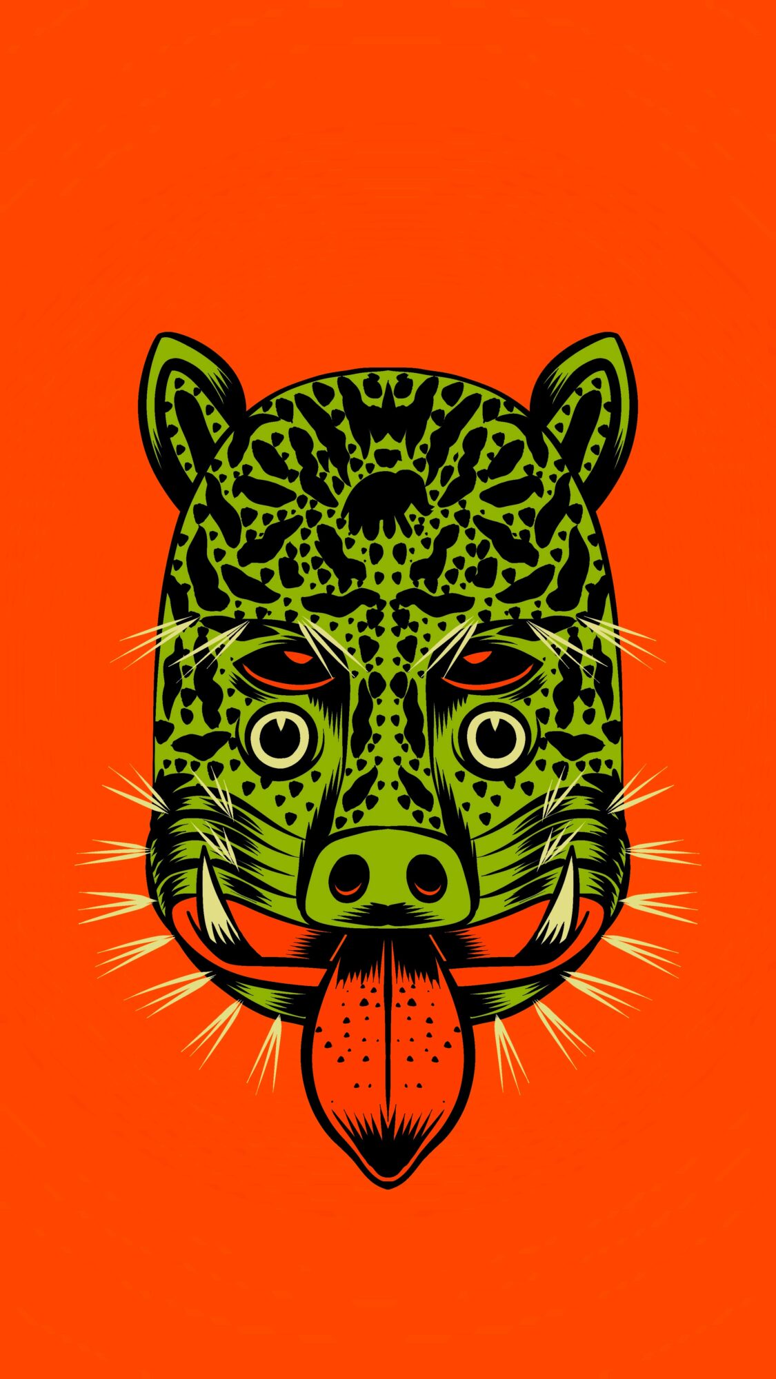 Detailed green tiger mask with red tongue and whiskers on bright orange background.