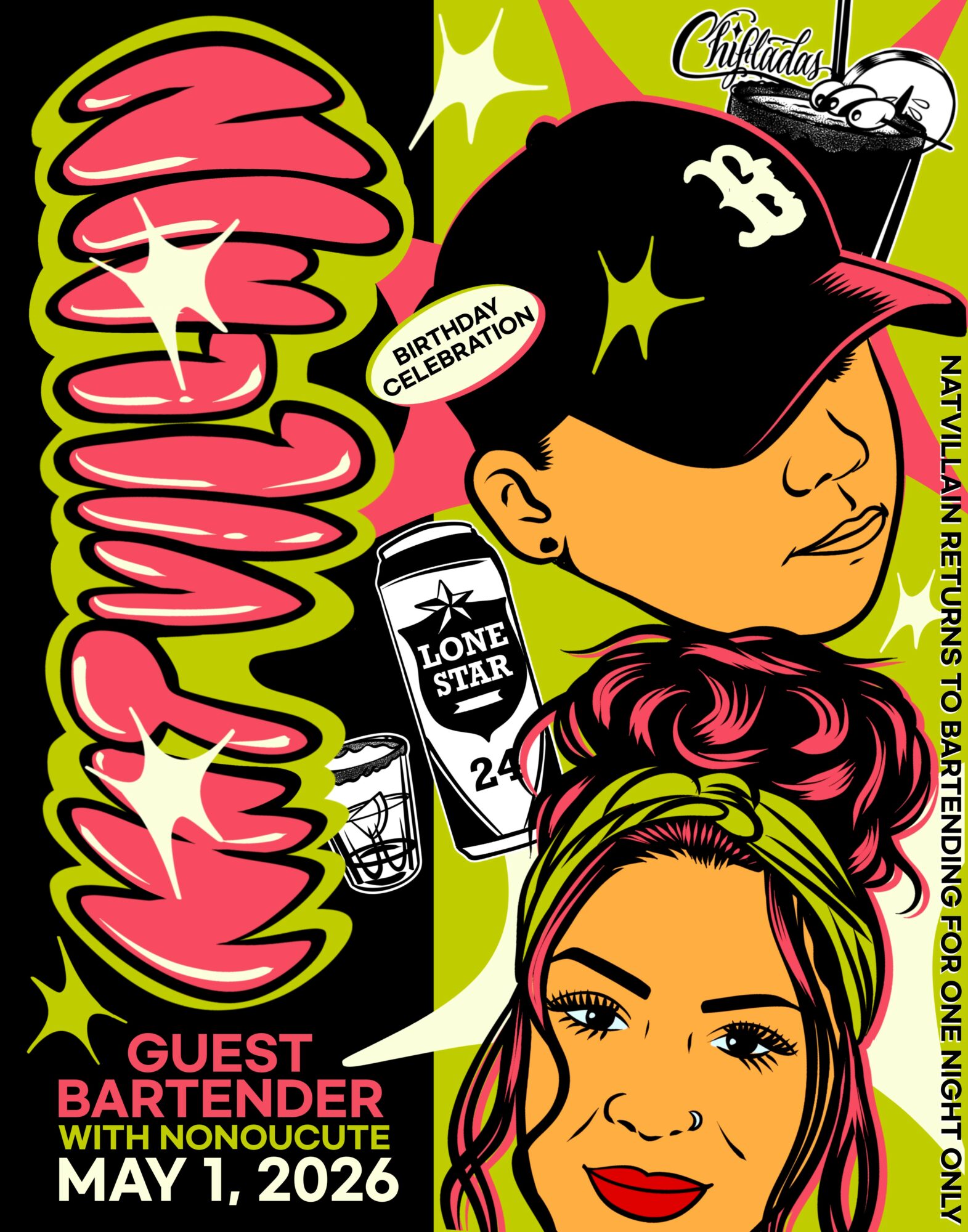 Colorful birthday invitation featuring a woman with a yellow headband, a person with a baseball cap, and various drink illustrations.