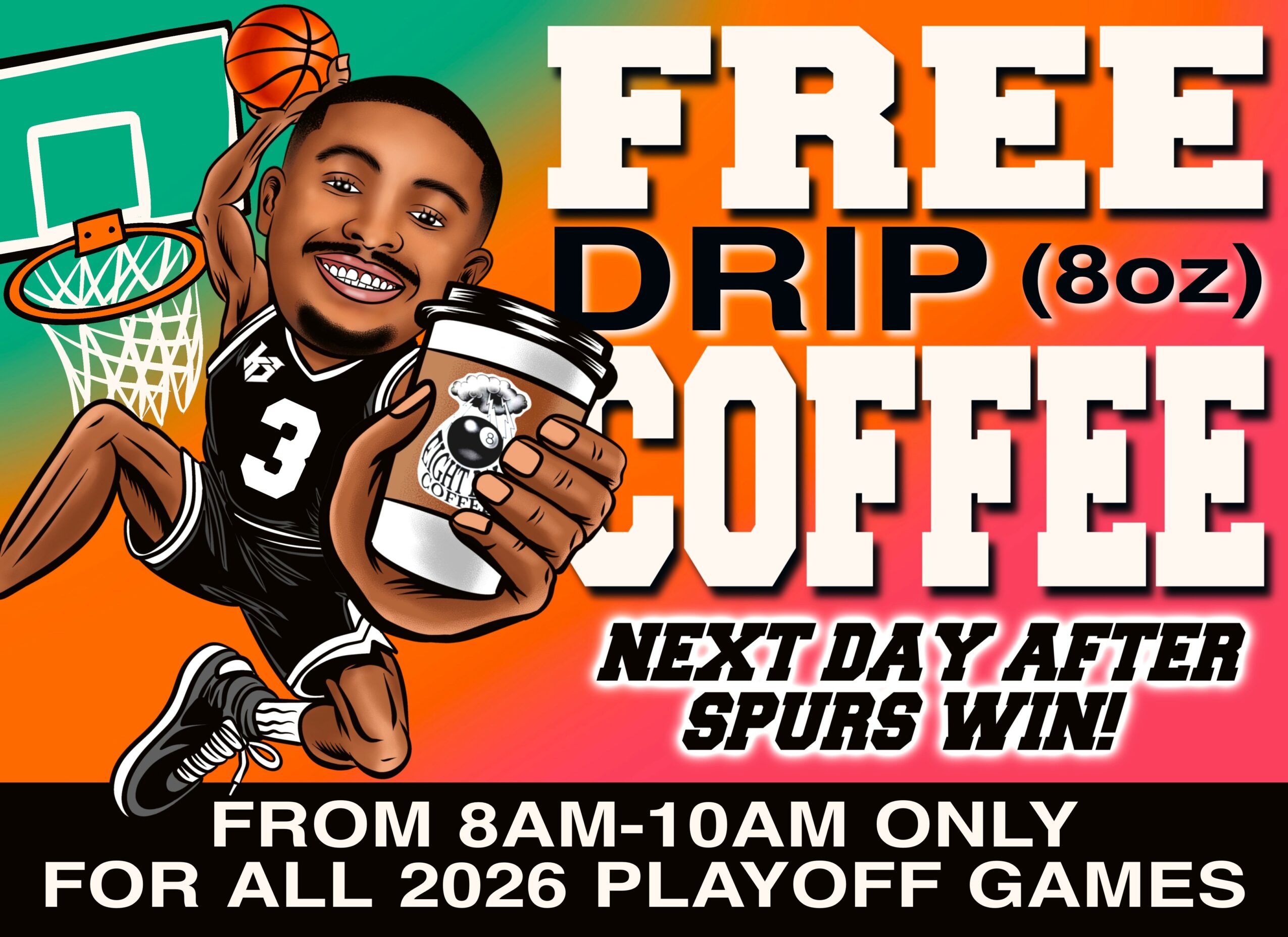 Cartoon of a woman in a basketball uniform holding a coffee jar, with basketball and hoop in background, promoting free coffee after games.