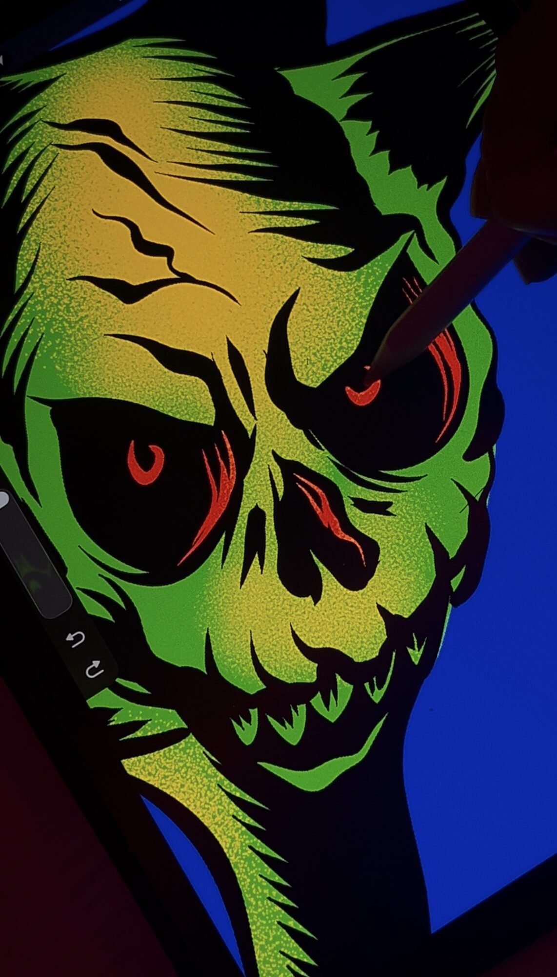 Colorful illustration of a green skull with red eyes and black details, with a blue background.