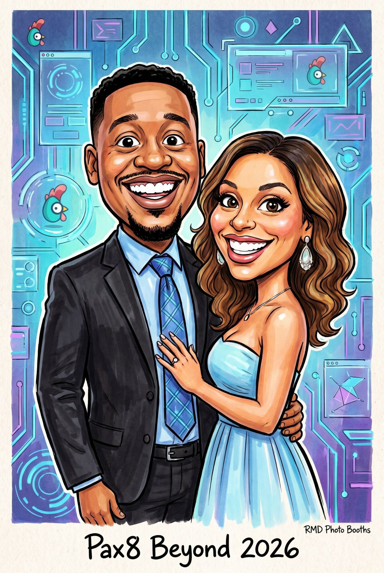 A smiling man in a suit and a woman in a blue dress pose together against a futuristic digital background.