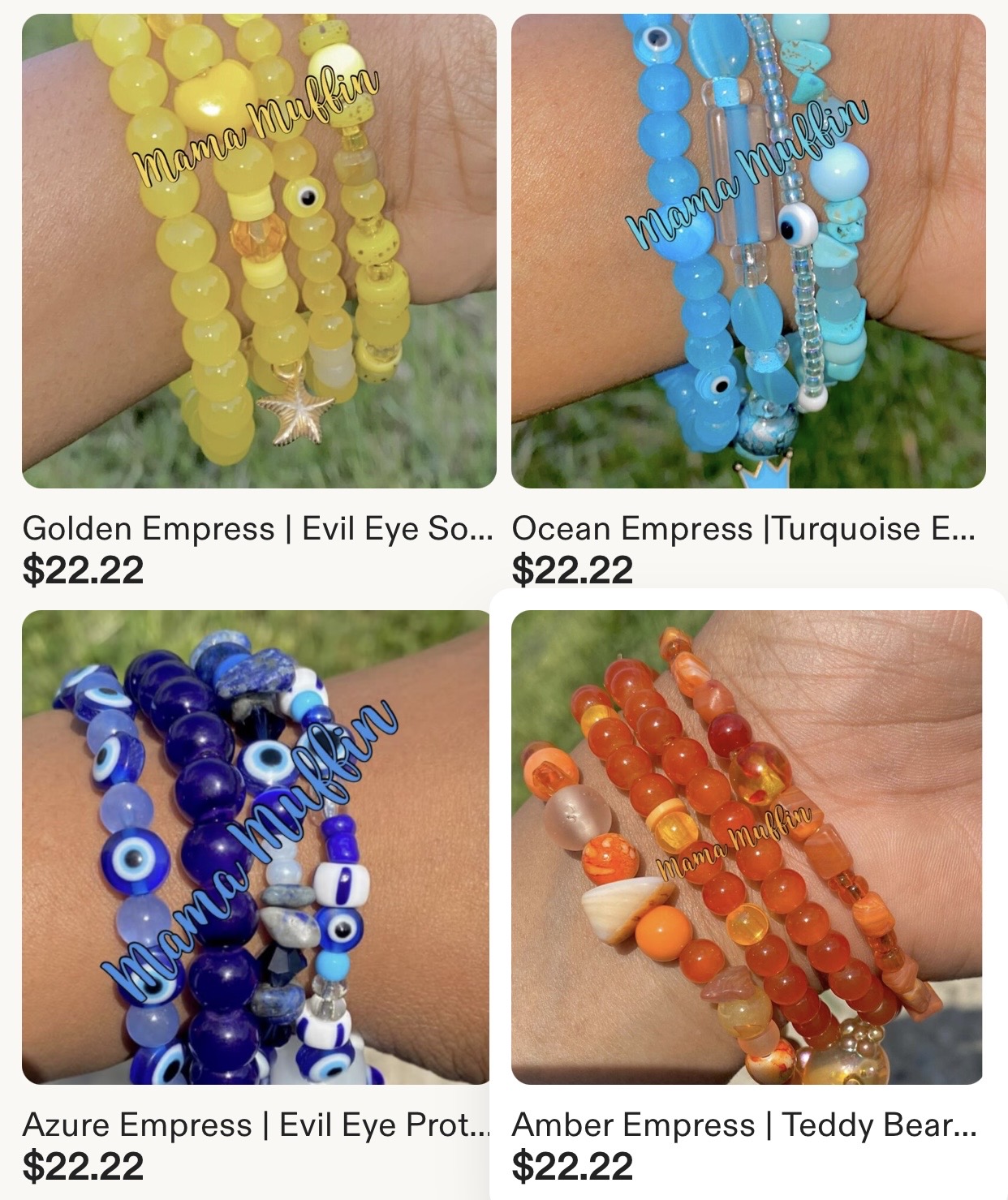 Four beaded bracelets in yellow, blue, dark blue, and orange with eye and animal motifs, on wrists.