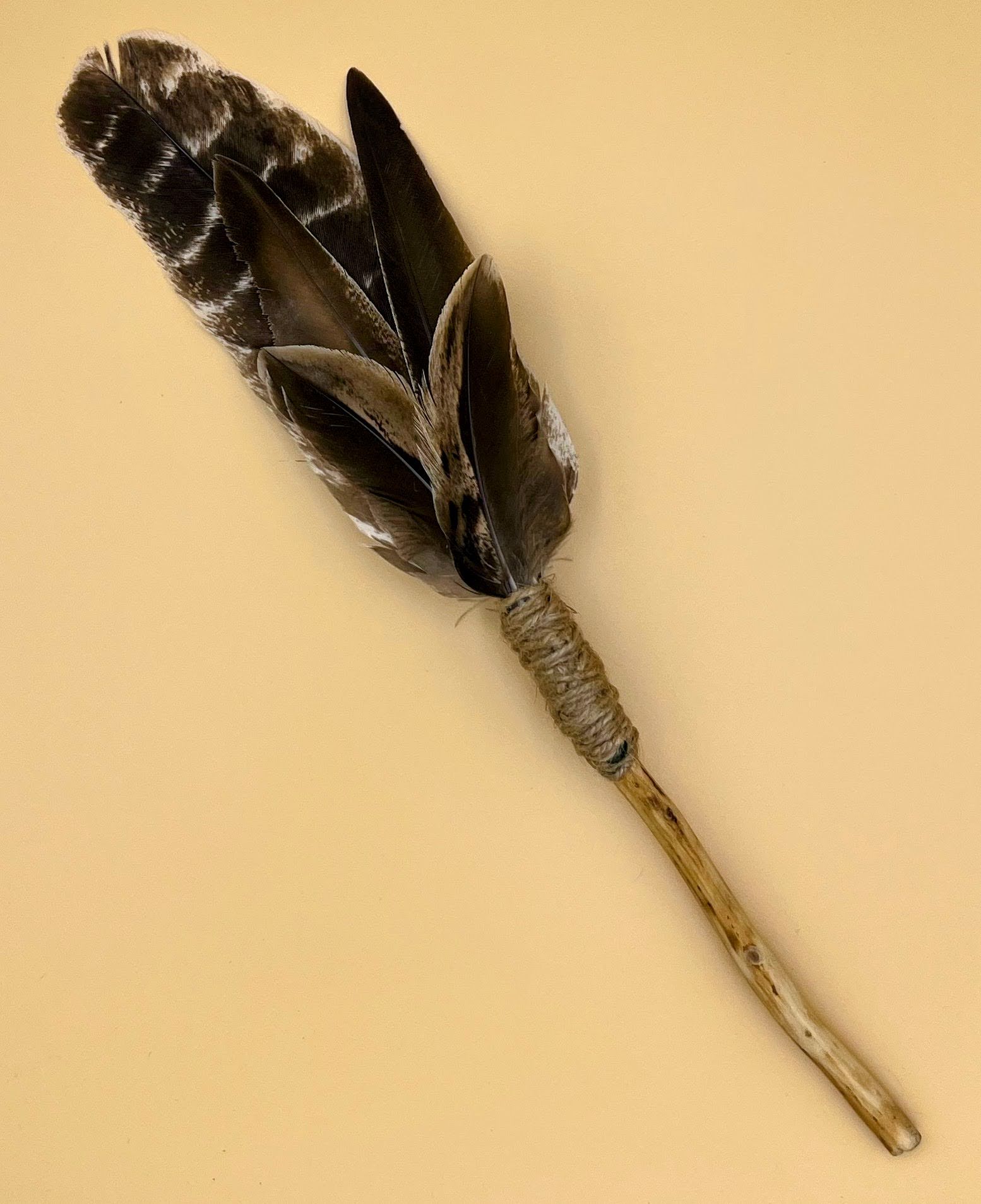 Feathered object with a stick, displayed on a beige background.