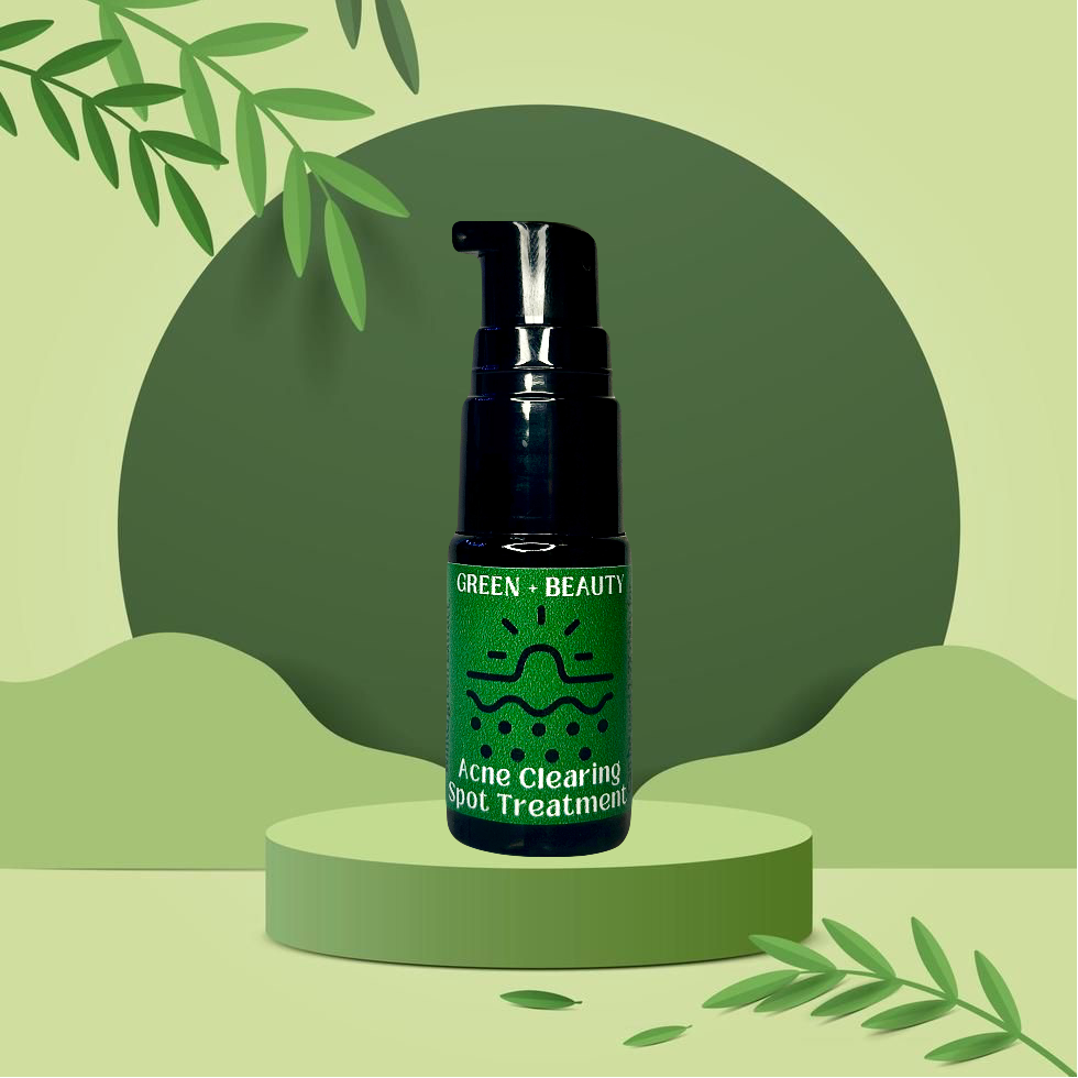 A green bottle of acne clearing treatment with a pump dispenser on a circular platform, surrounded by leaves and greenery.