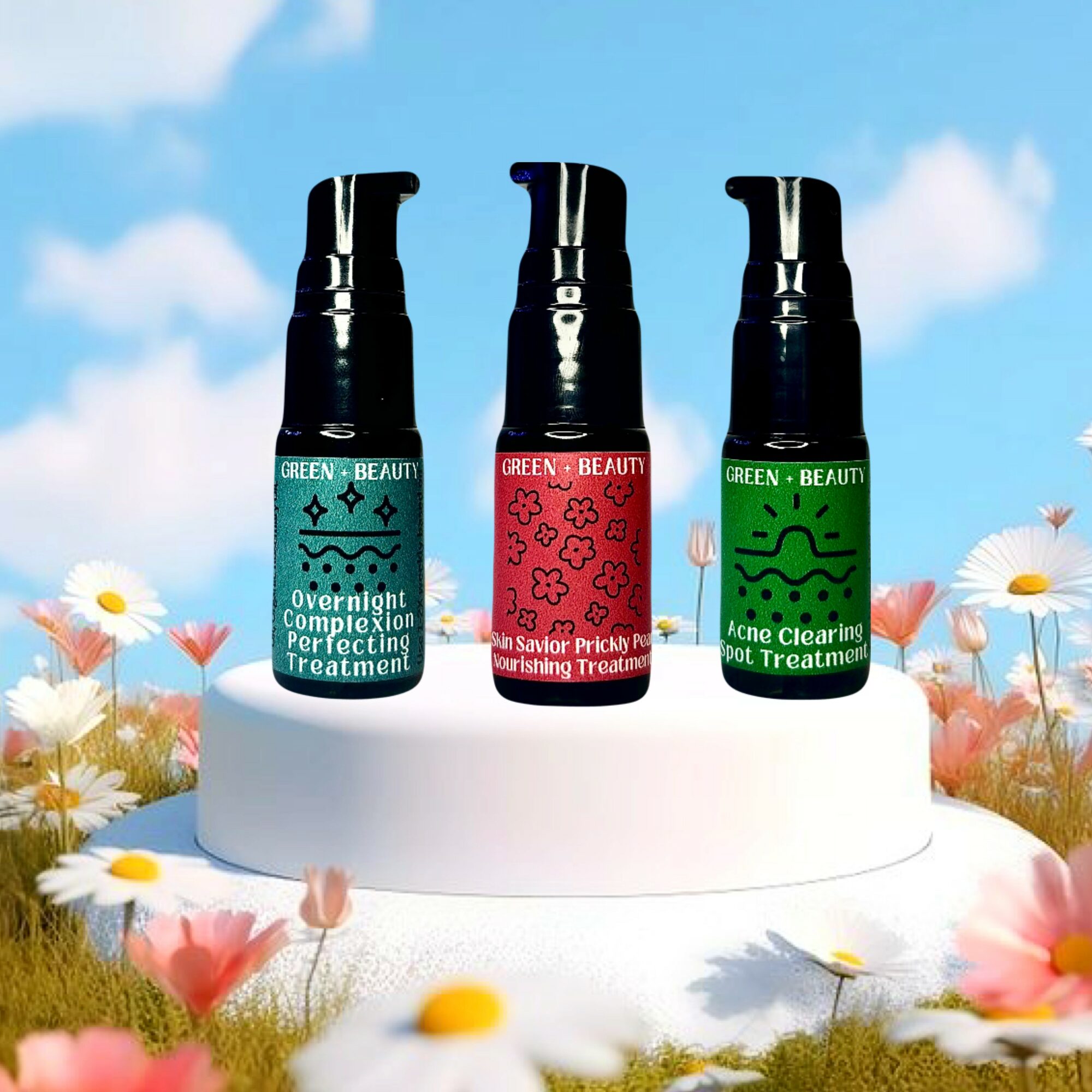 Three skincare bottles on a white platform outdoors with flowers and a blue sky background.