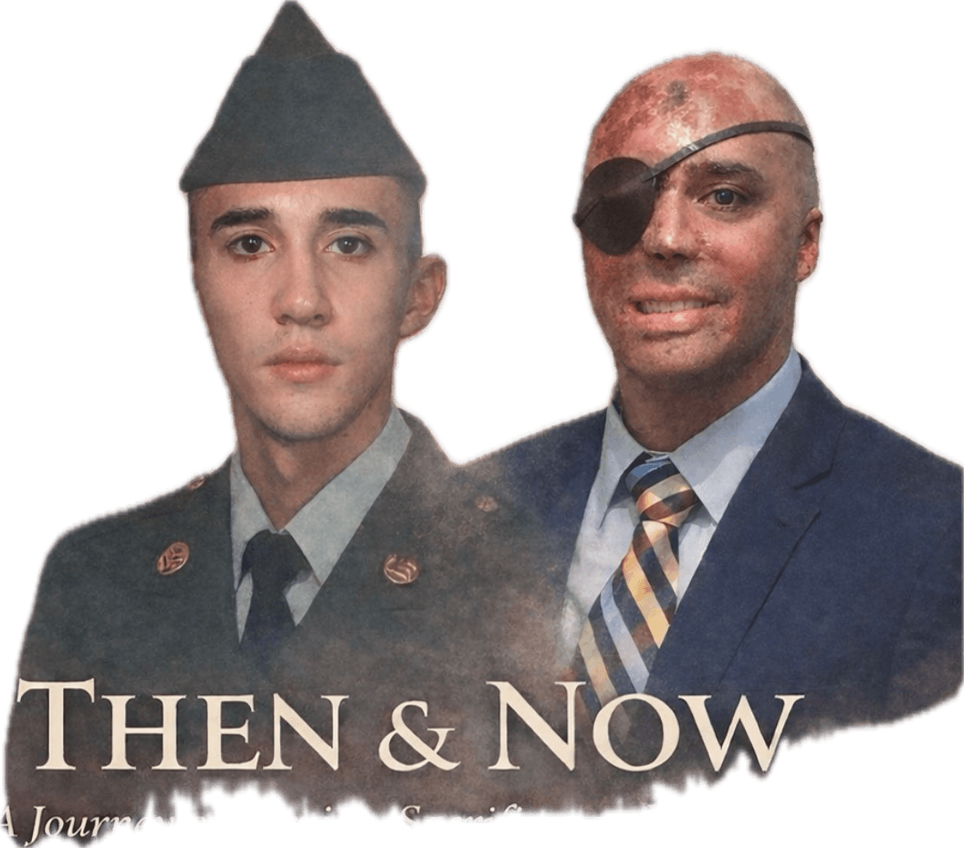 Two men, one in military uniform and the other in a suit with an eye patch, pose together against a black background.