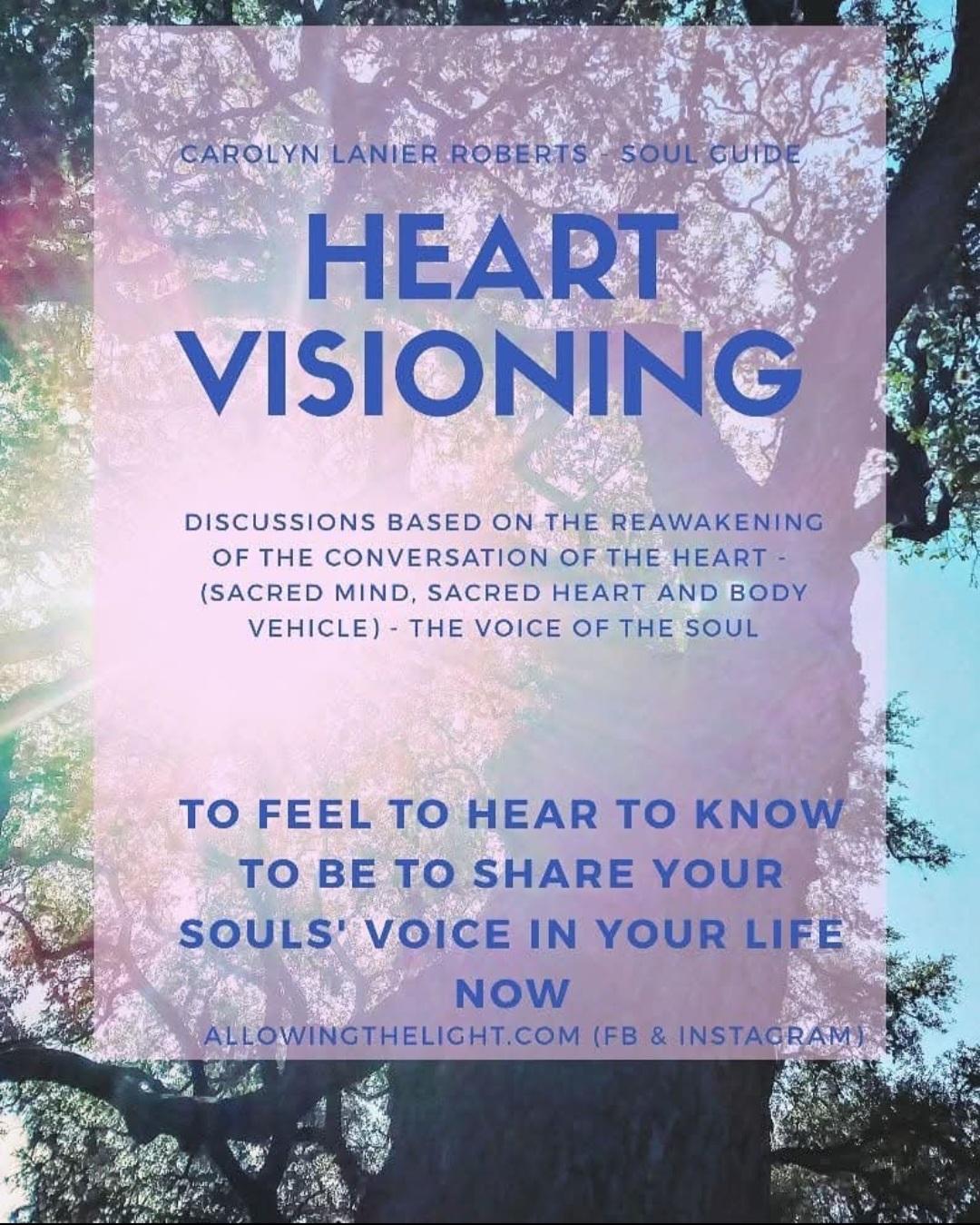 Book cover titled 'Heart Visioning' with trees and sky background, featuring text about soul and consciousness, in purple and blue colors.