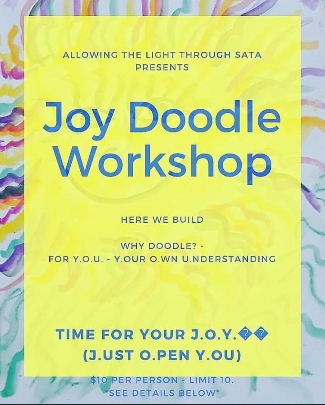 Workshop poster with yellow background and blue text about Joy Doodle Workshop, building understanding, and encouraging joy.