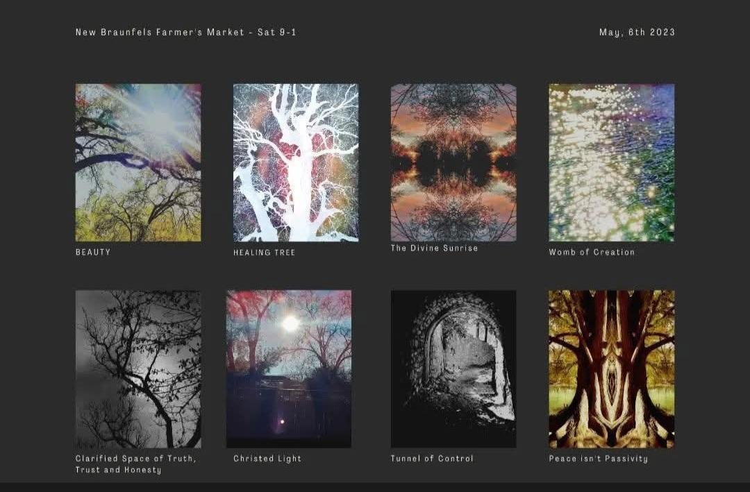 Eight landscape images arranged in two rows, featuring trees, water, and nature scenes, with text at the top and bottom.