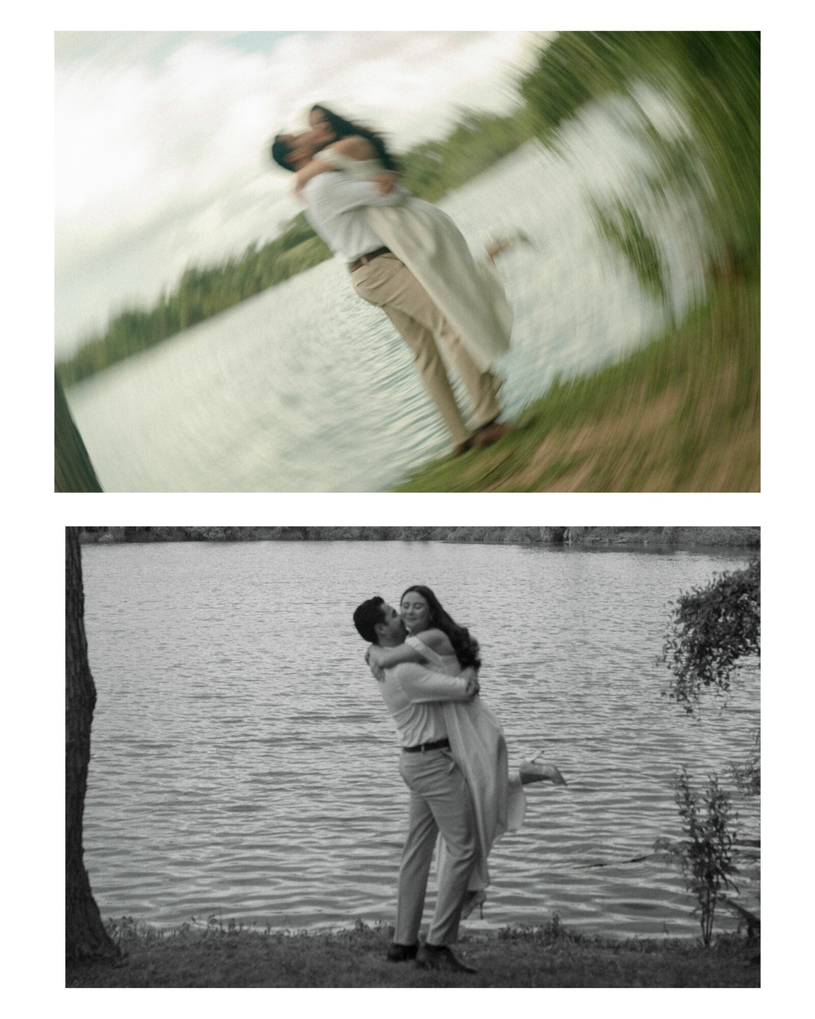 Two people embrace near a body of water, one lifting the other, with trees and water in the background.