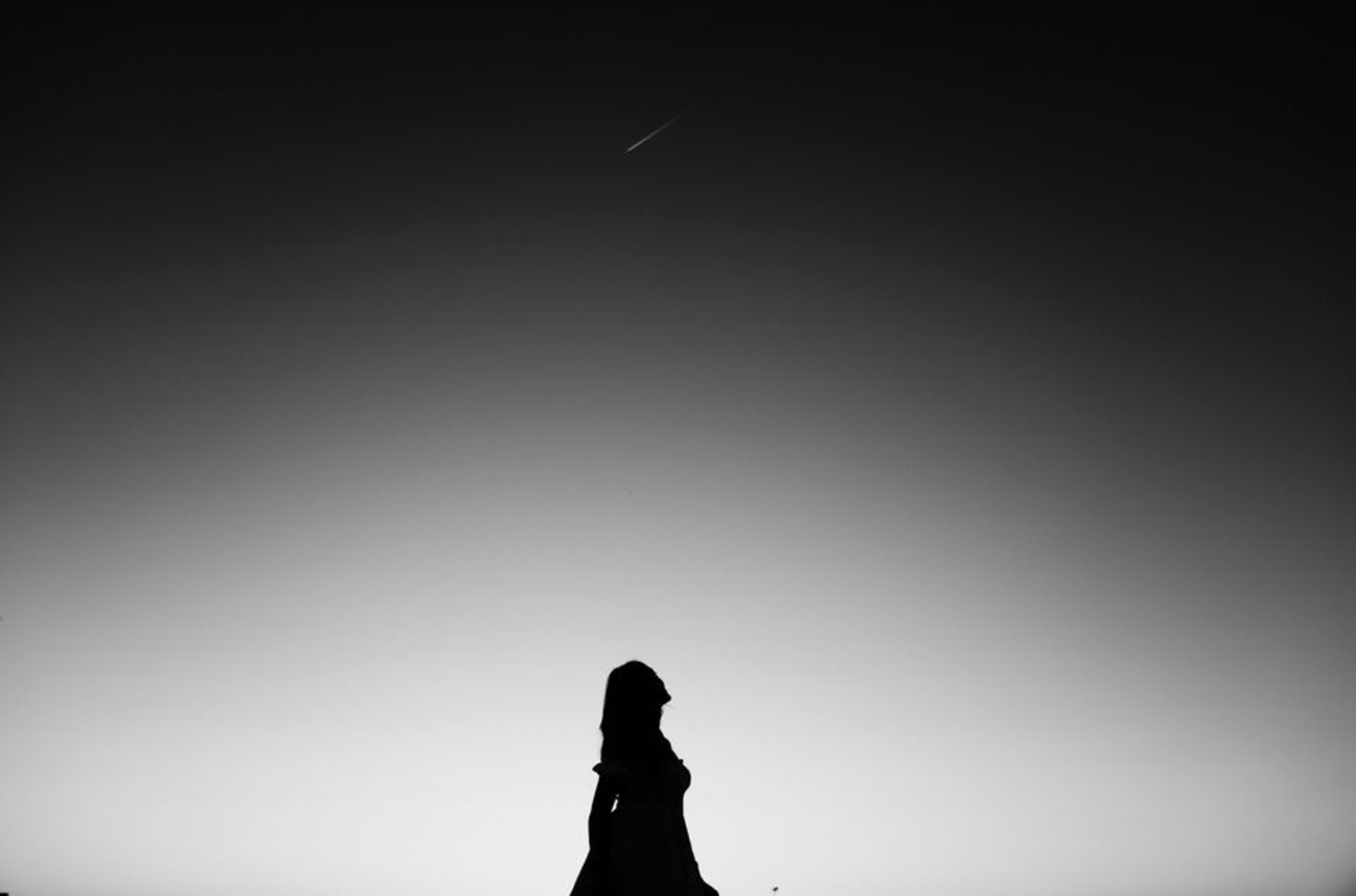 Silhouette of a person standing against a gradient sky with a small streak of light or star above, minimalistic scene.