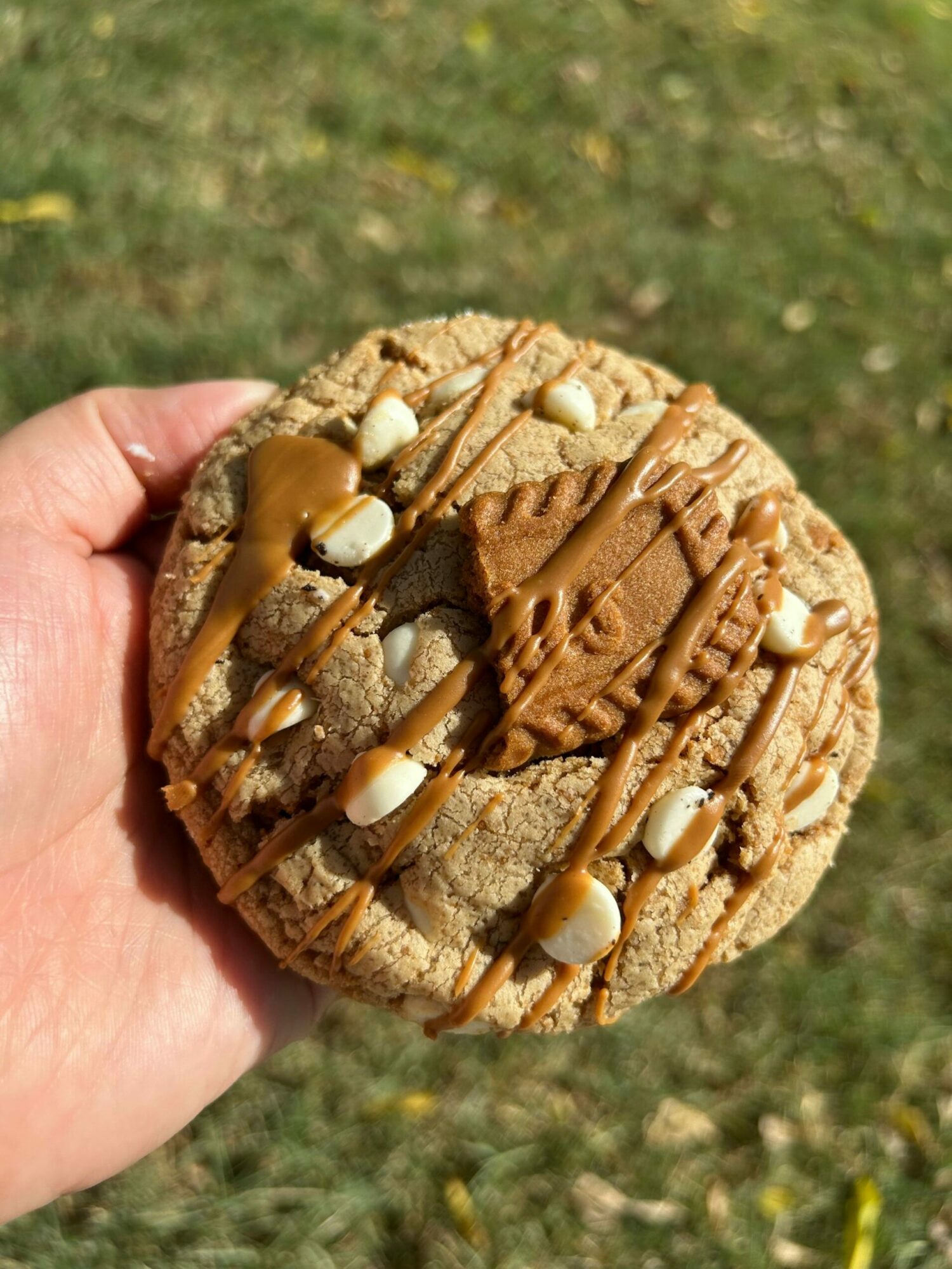 Hand holding a cookie with chocolate drizzle, white chocolate chips, and a large chocolate piece on top, outdoors.