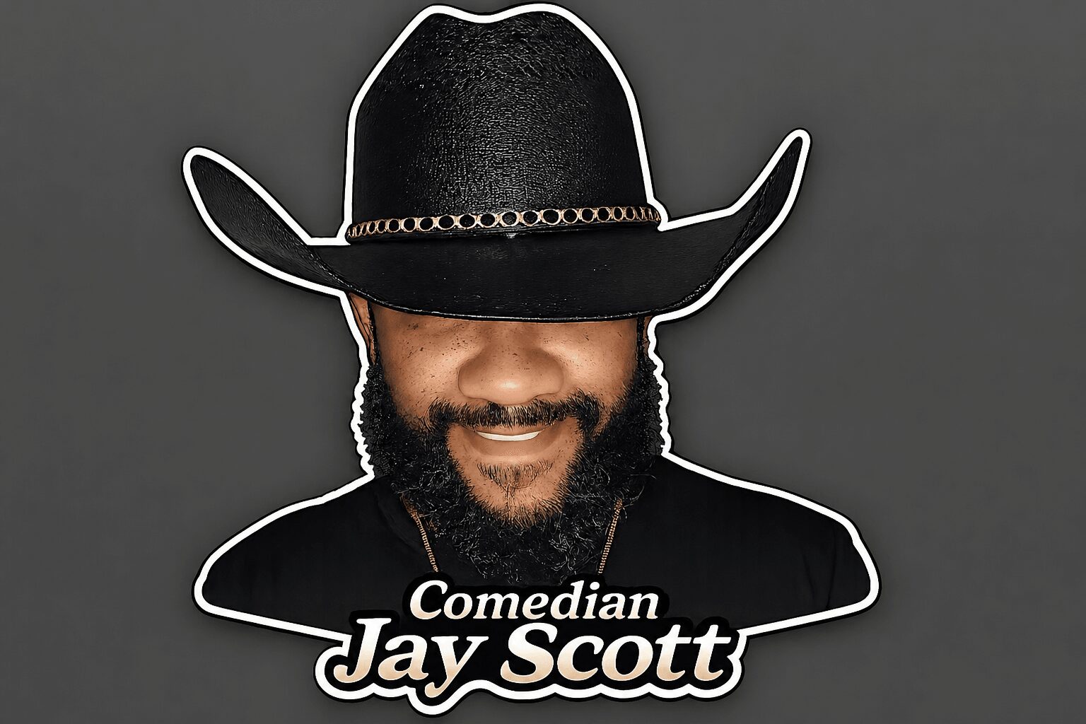 Man wearing a large black cowboy hat, smiling, with text 'Comedian Jay Scott' below his face.