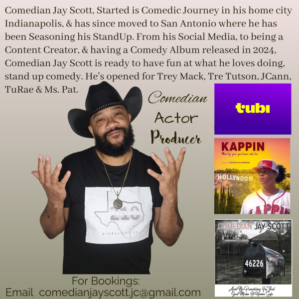 Comedian Jay Scott wearing a black hat and T-shirt, smiling and gesturing with hands, with text about his career and bookings.