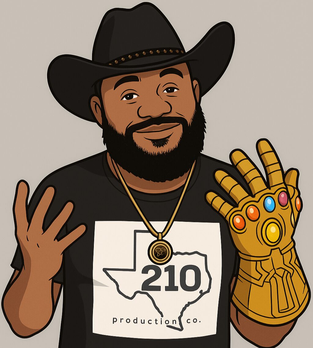 Cartoon man wearing a cowboy hat, gold glove, and black shirt with Texas and 210, smiling and making a hand gesture.