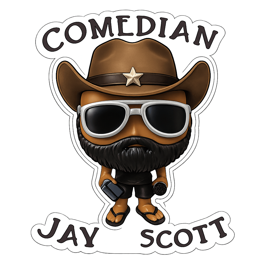 Cartoon character with cowboy hat, sunglasses, beard, and shorts, with text 'Comedian Jay Scott' above and below, on black background.