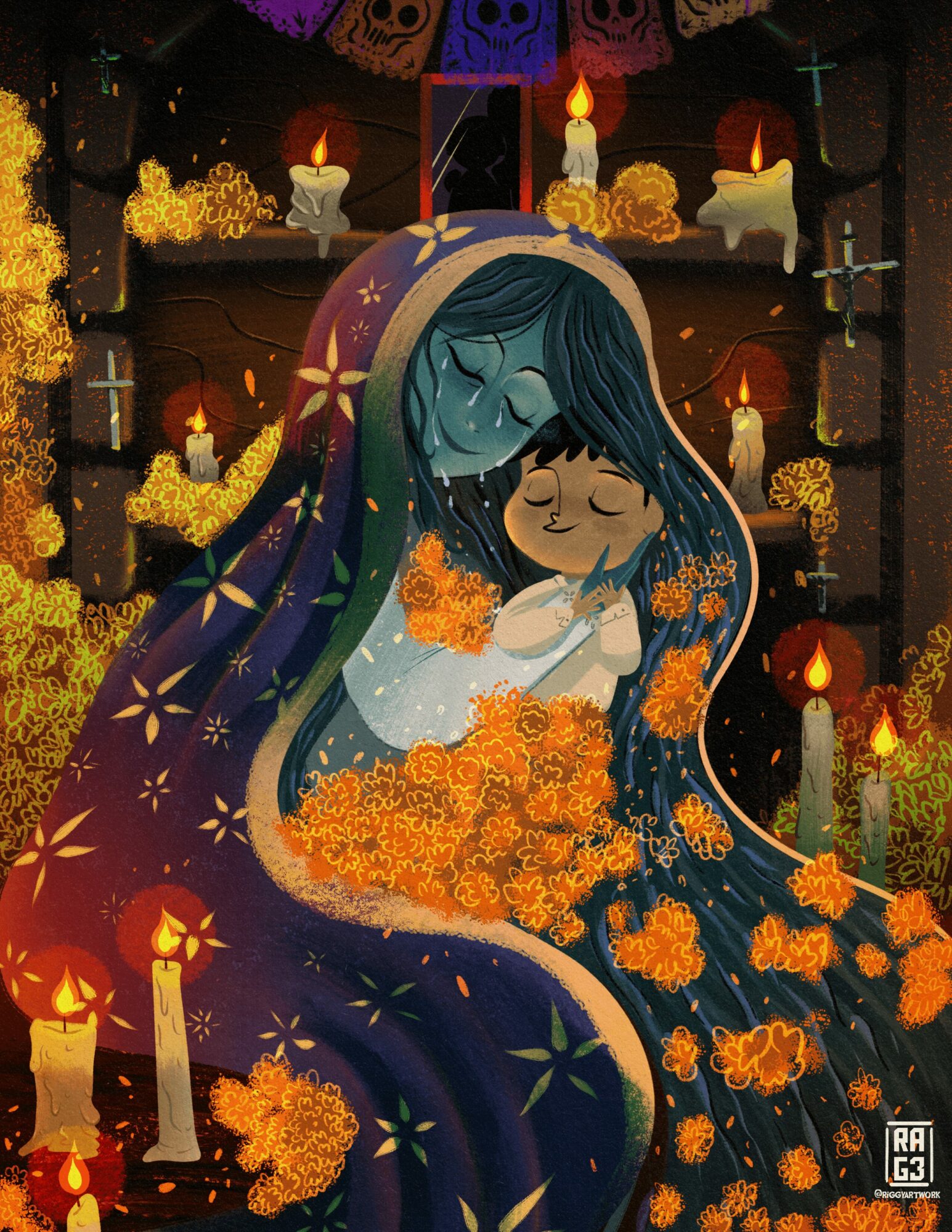 A woman and child embrace surrounded by lit candles and marigold flowers in a dimly lit setting.