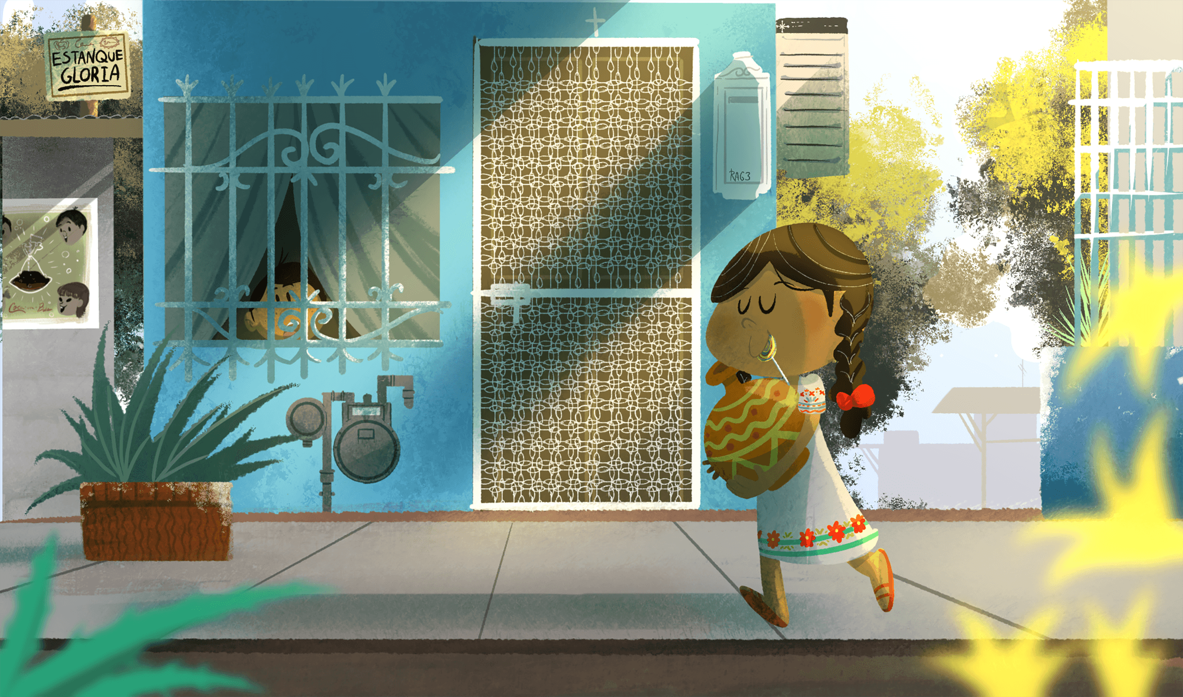 Child holding a basket walking on sidewalk in front of a blue house with plants and trees, sunny weather.