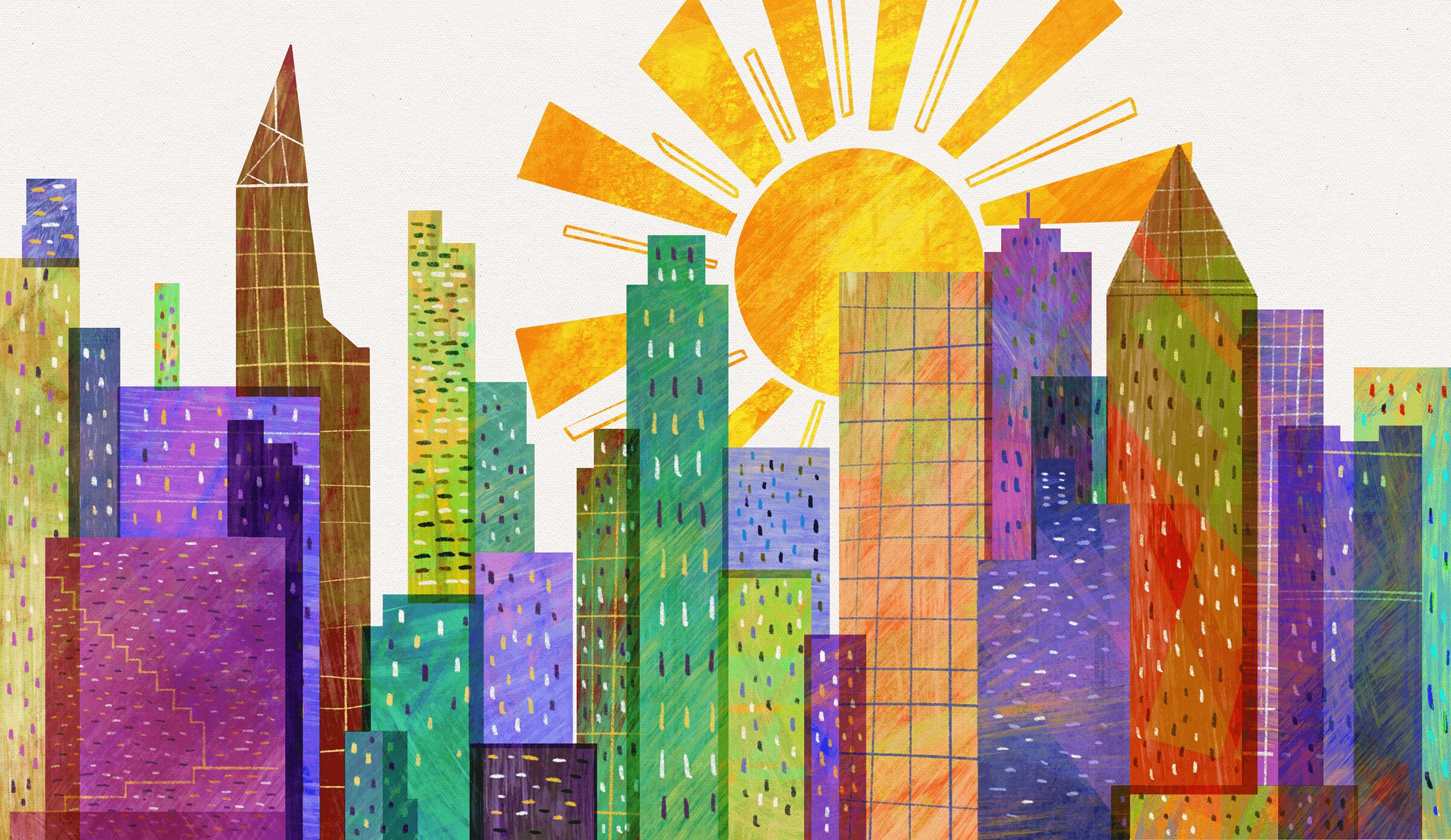 Colorful city skyline with tall buildings and a bright sun in the background.