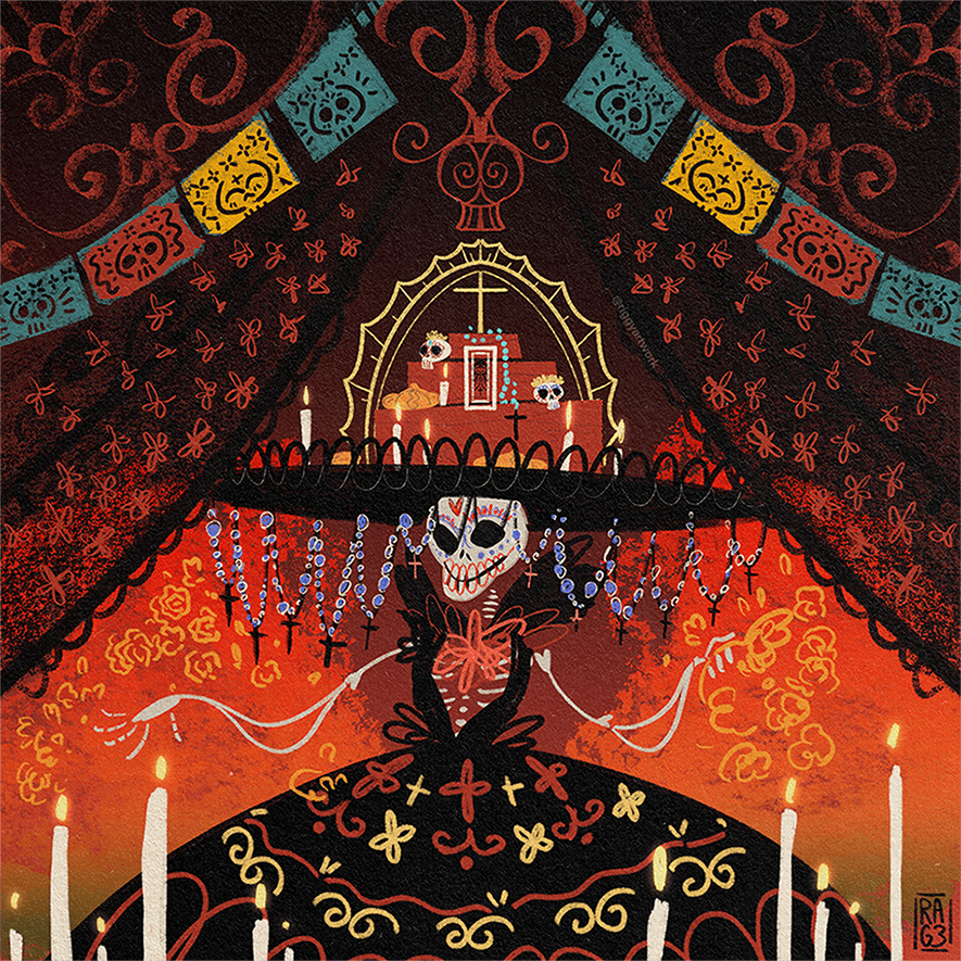 A skeleton figure with a skull face, sitting at a table with candles, surrounded by ornate red and black curtains, and decorative elements.