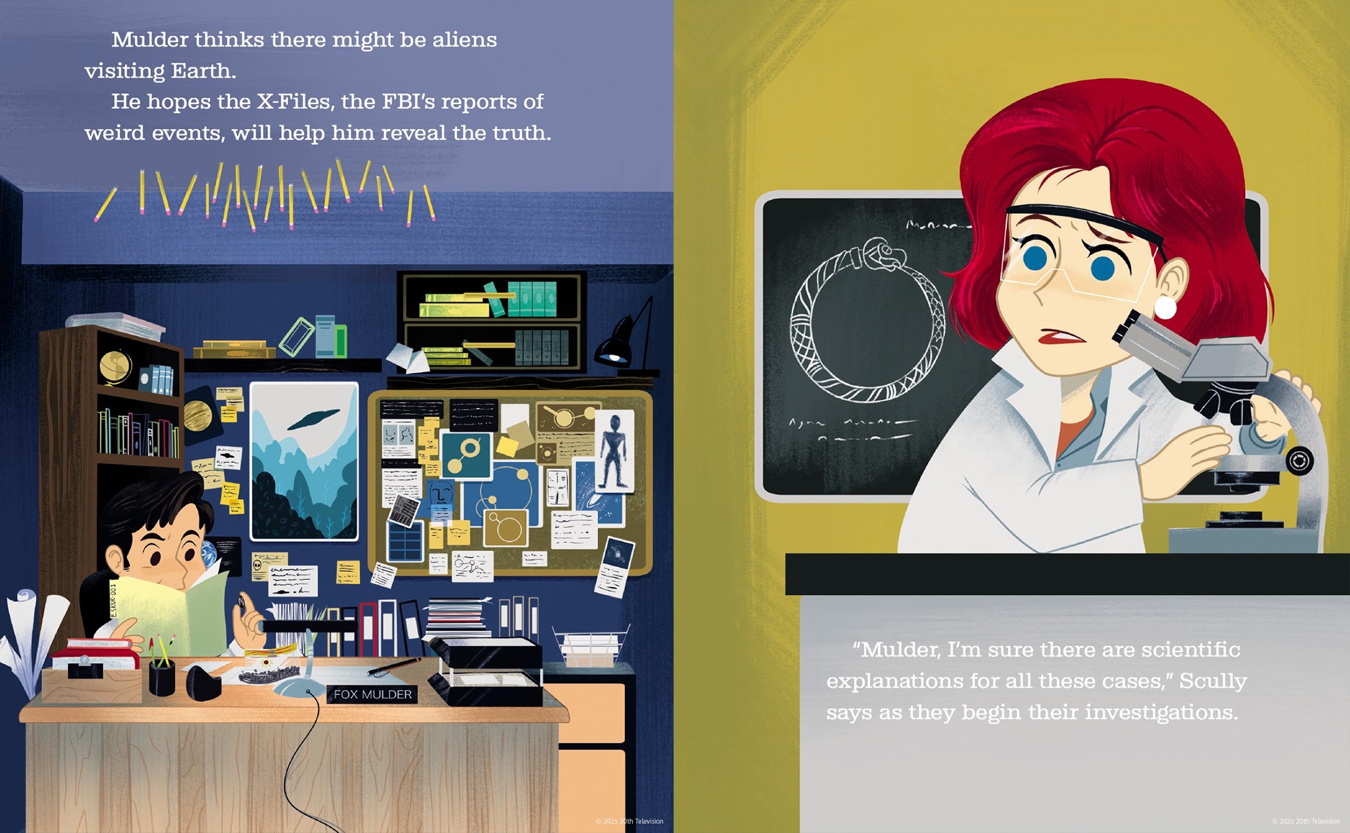 A woman with red hair looks through a microscope, with a chalkboard and scientific diagrams behind her. A child is at a desk with computers and screens. Text discusses a scientific investigation.