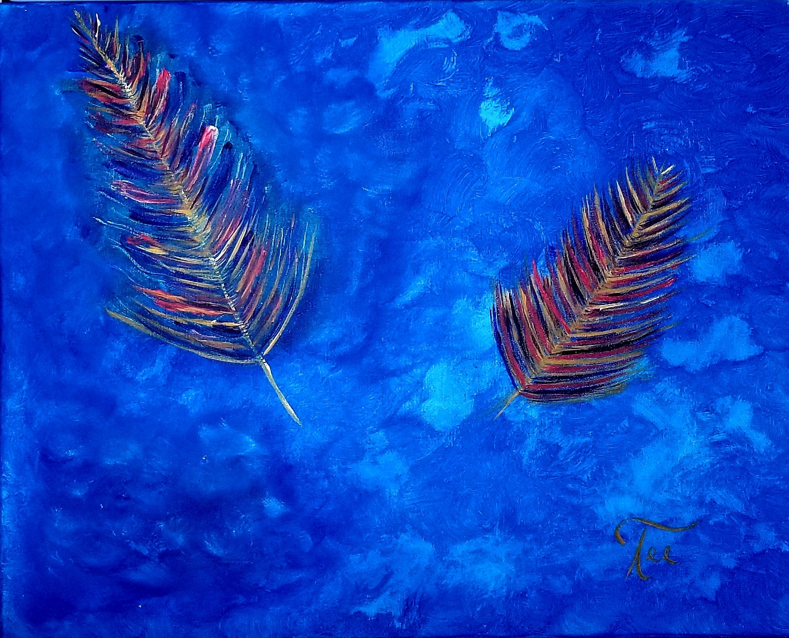 Two colorful feathers floating against a textured blue background.