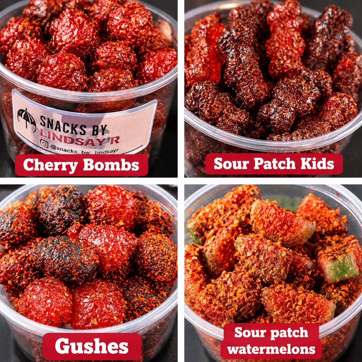 Four containers of candied fruit snacks labeled Cherry Bombs, Sour Patch Kids, Gushes, and Sour Patch Watermelons, with red labels.