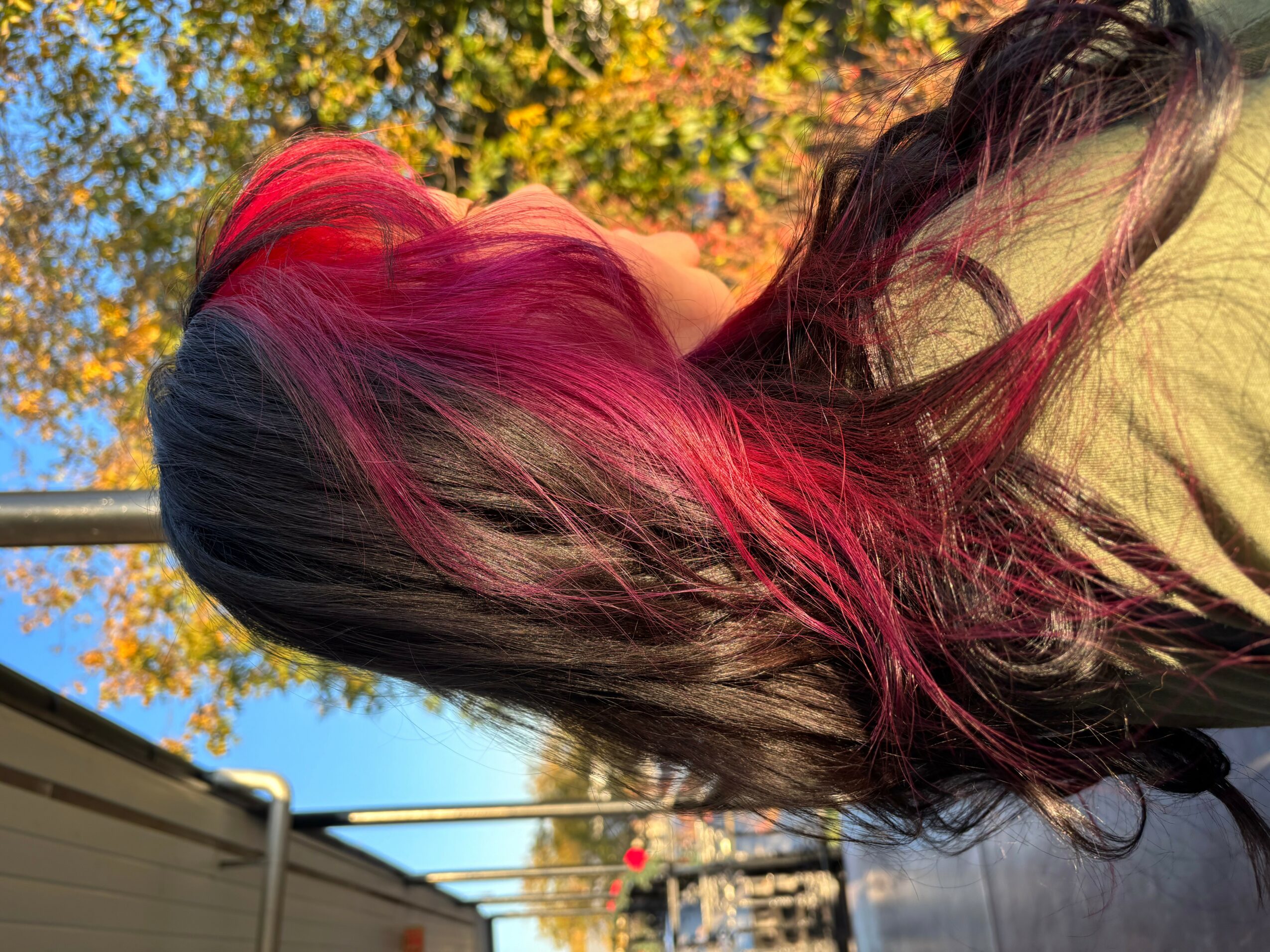 Person with long hair, black and red, outdoors with trees and blue sky in background.