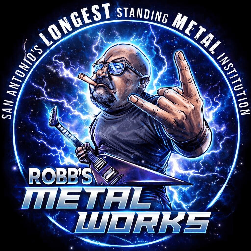 A man with glasses and a beard making a rock hand gesture, surrounded by lightning and a blue electric background, promoting Robb's Metal Works.