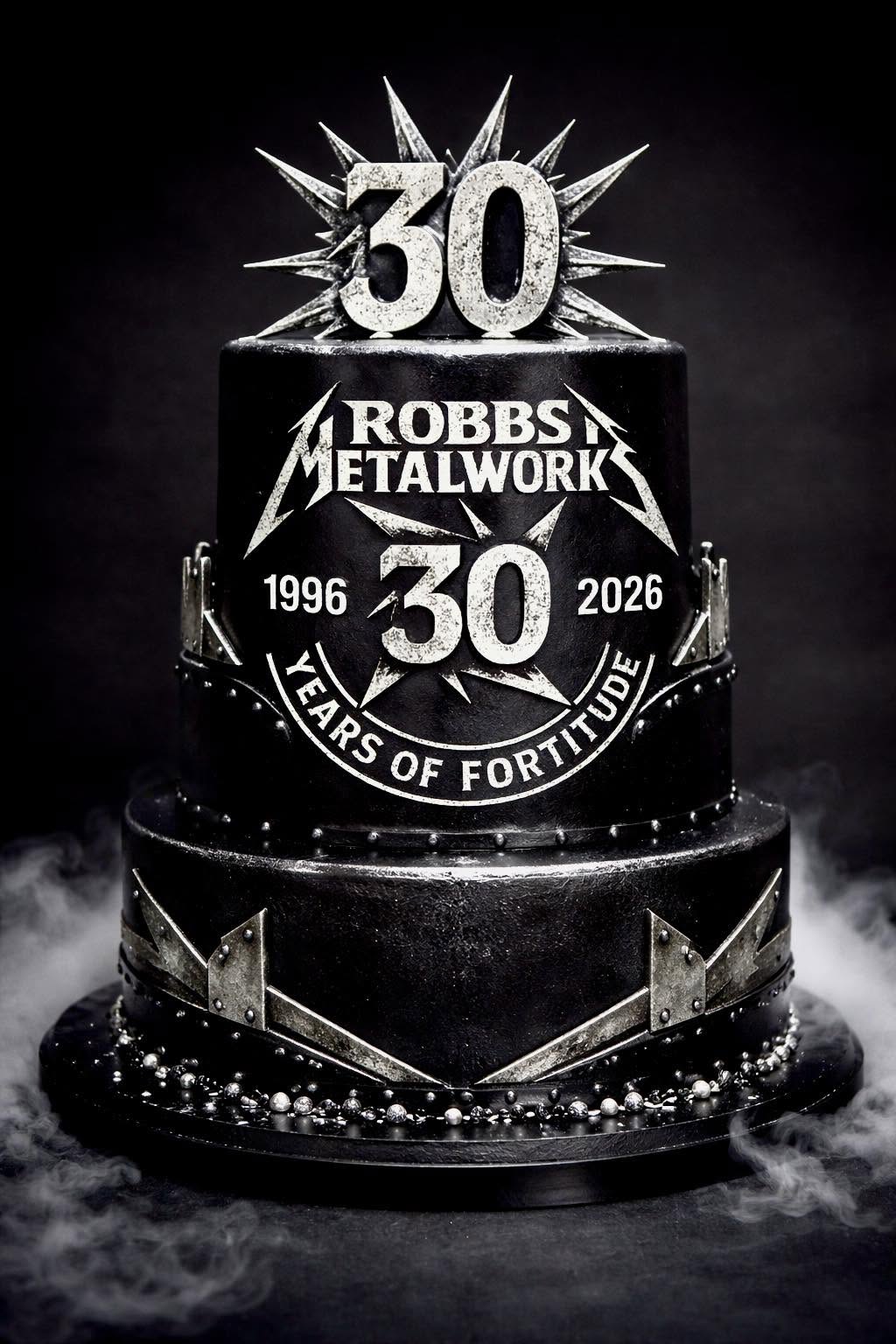 Black cake with silver decorations celebrating 30 years of Robb's Metalwork, with a large number 30 and a starburst topper.