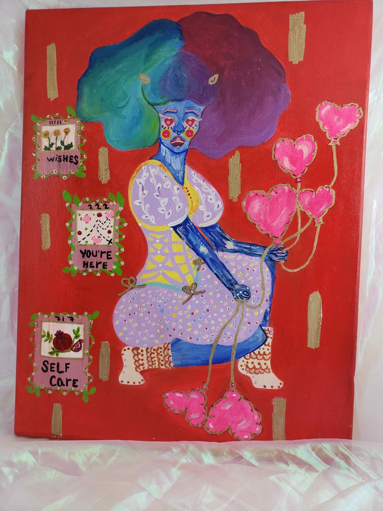 A colorful drawing of a person with purple hair, holding a heart-shaped object, surrounded by pink hearts and decorated with various patterns.