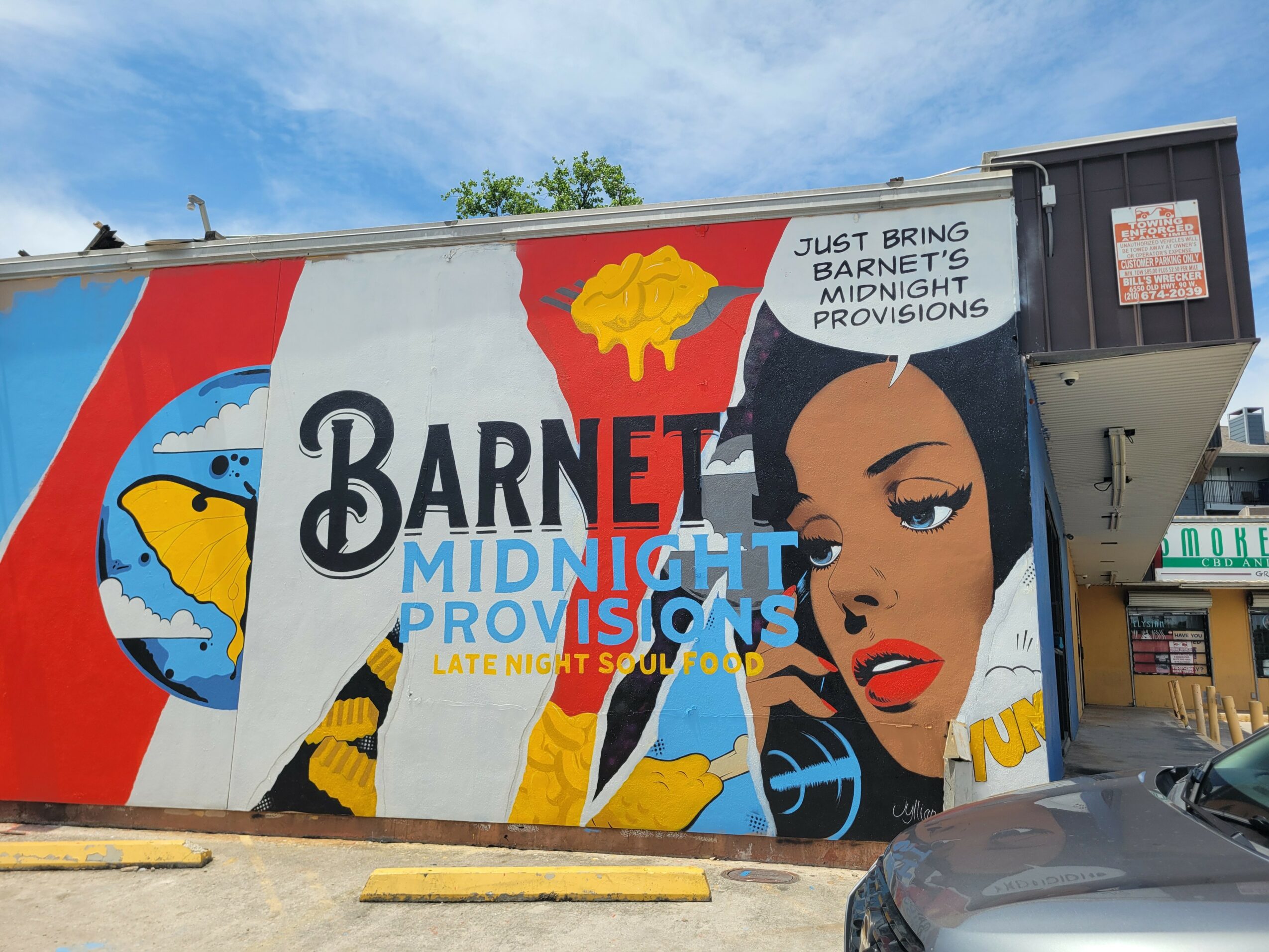 Colorful mural with a woman, a bird, and text promoting Barnet Midnight Provision, a late-night soul food spot.