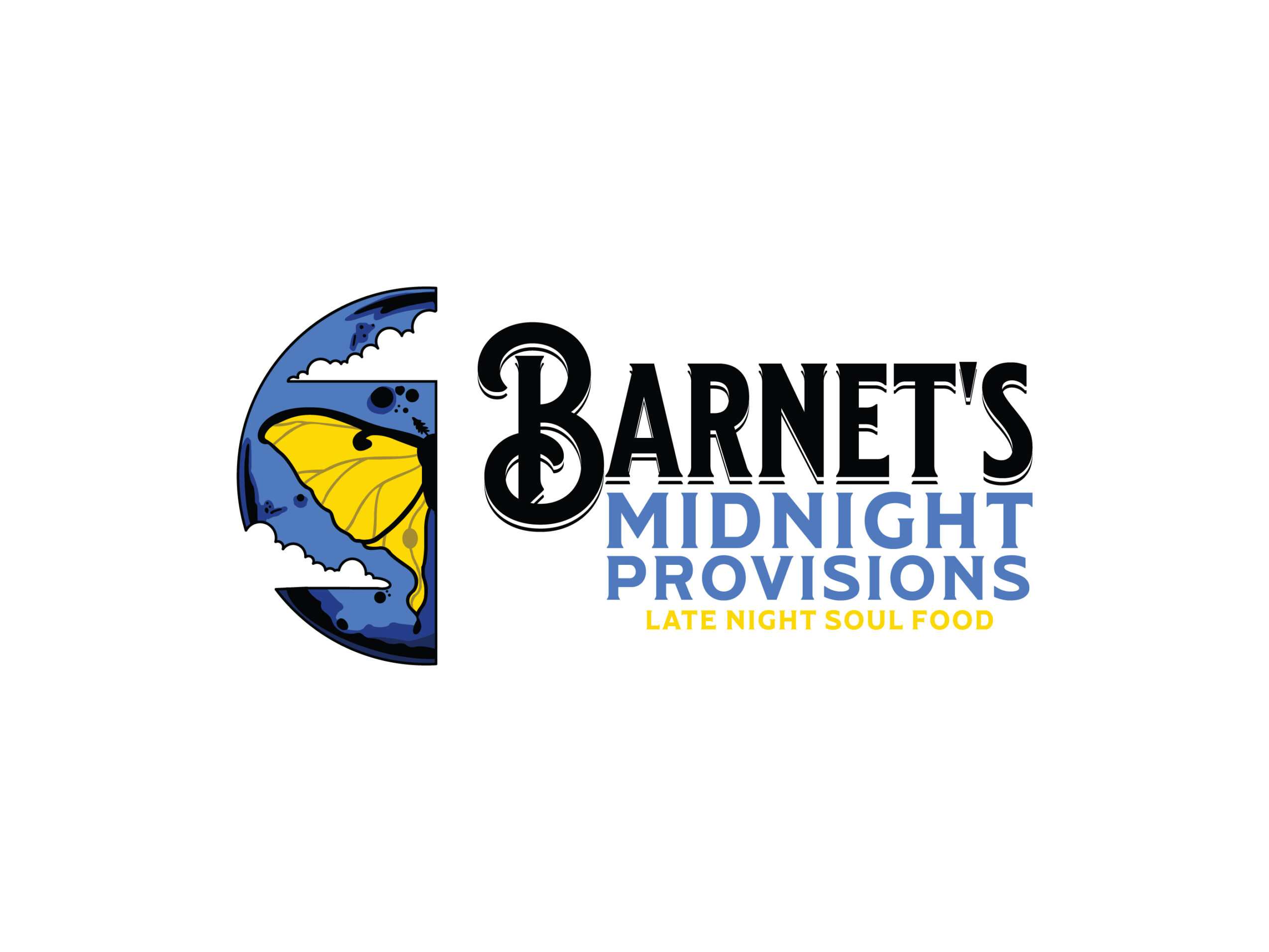 Logo with a half moon, a yellow butterfly, and text for Barnet's Midnight Provisions, a late-night food service.
