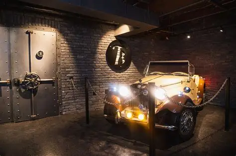 Yellow vintage car with headlights on, displayed indoors with black ropes, brick wall background, and a large clock. Alt text 20 words.