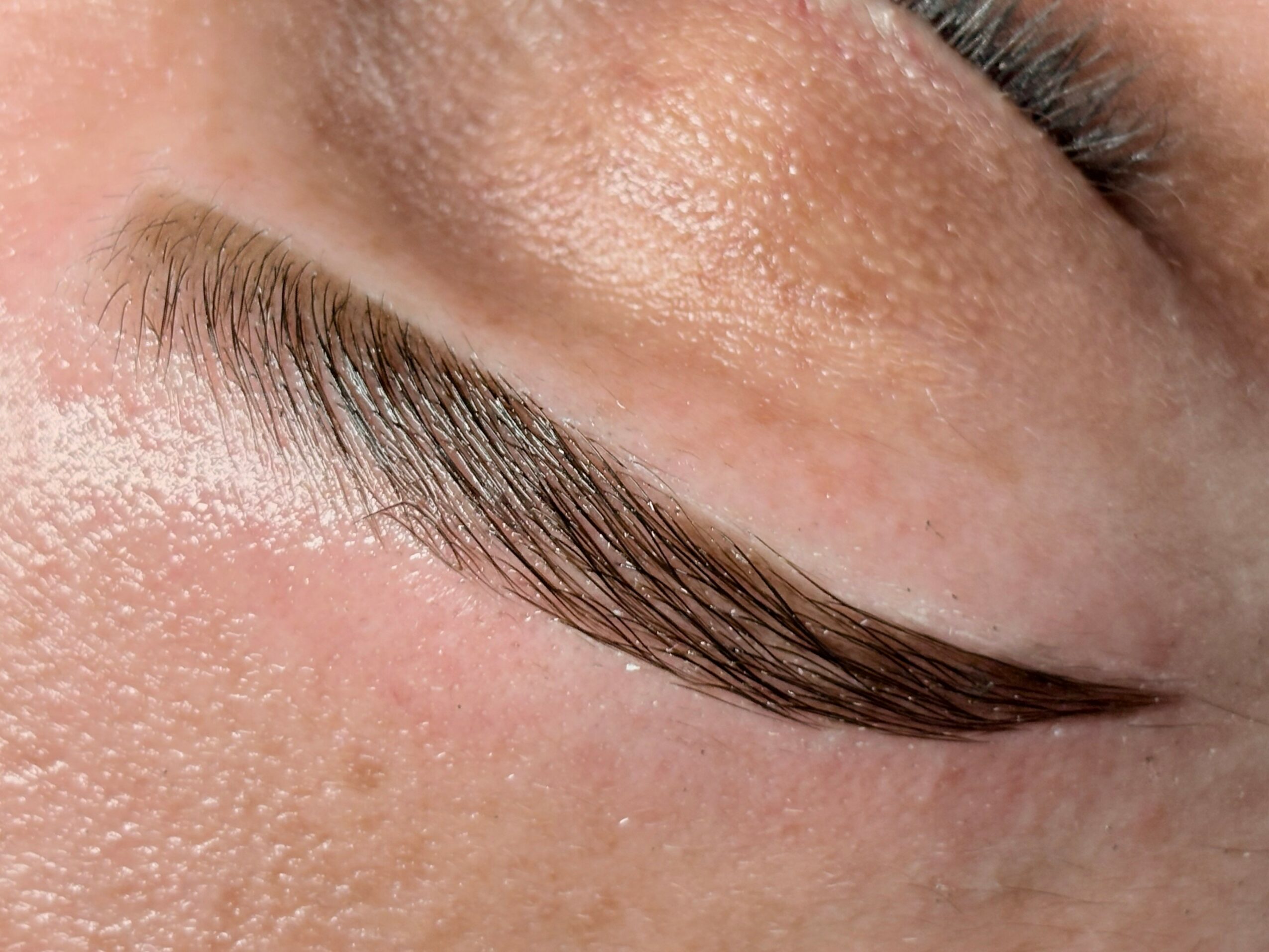 Close-up of a closed eye showing well-groomed eyebrow and smooth skin.