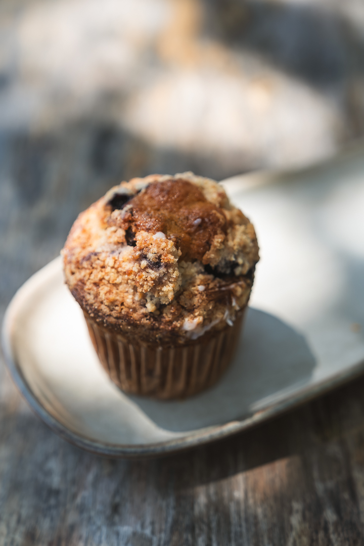 Chocolate chip muffin with a crumbly topping on a white plate, outdoors with blurred background