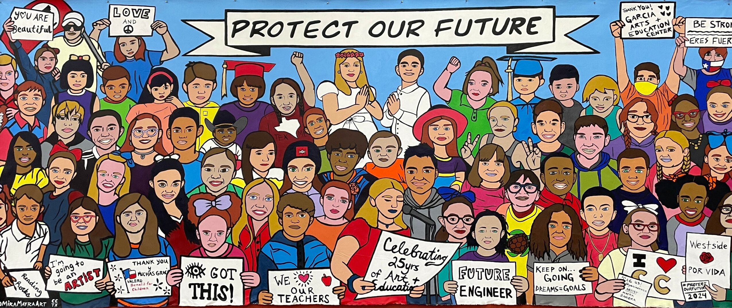 Crowd of diverse people holding signs with messages like 'Protect Our Future' and 'Got This!', protesting for a cause.