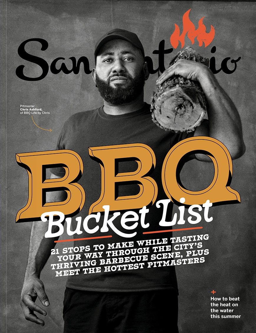 Man holding a pizza, text about BBQ and a bucket list, with a dark background and some flames illustration.