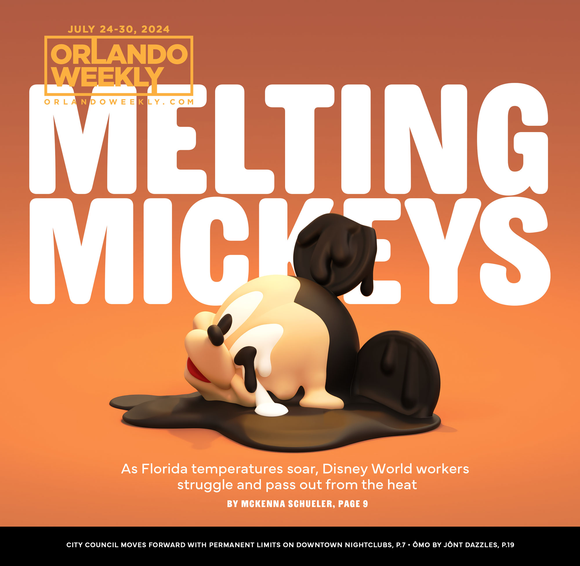 Melting Mickey Mouse figure on orange background with event details and headline.