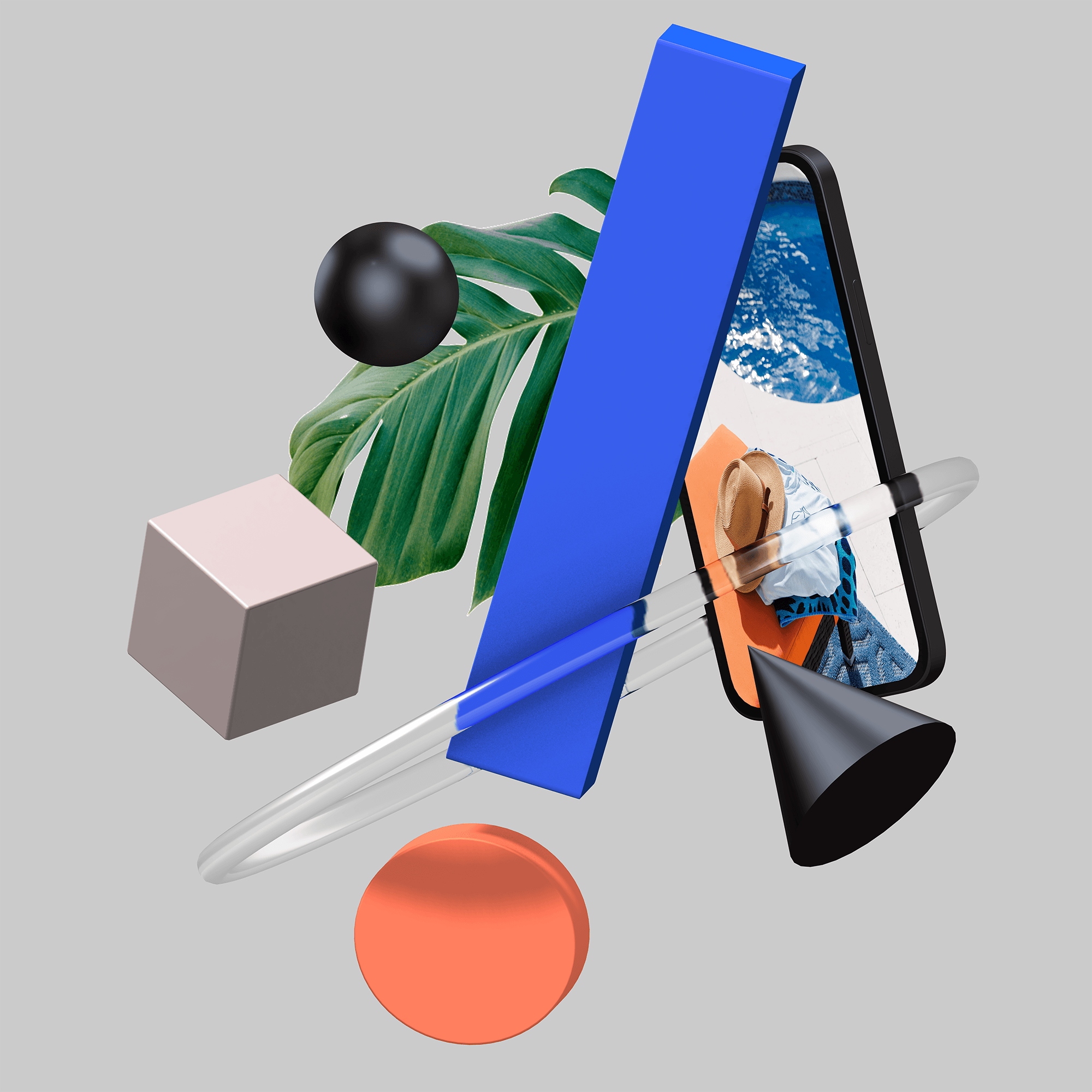Arrangement of geometric shapes, a smartphone with a stylus, a leaf, and a black cone on a gray background.
