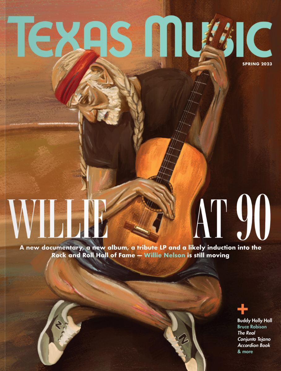Skeleton wearing a red headband playing an acoustic guitar, sitting with legs crossed, on a magazine cover titled 'Texas Music'.