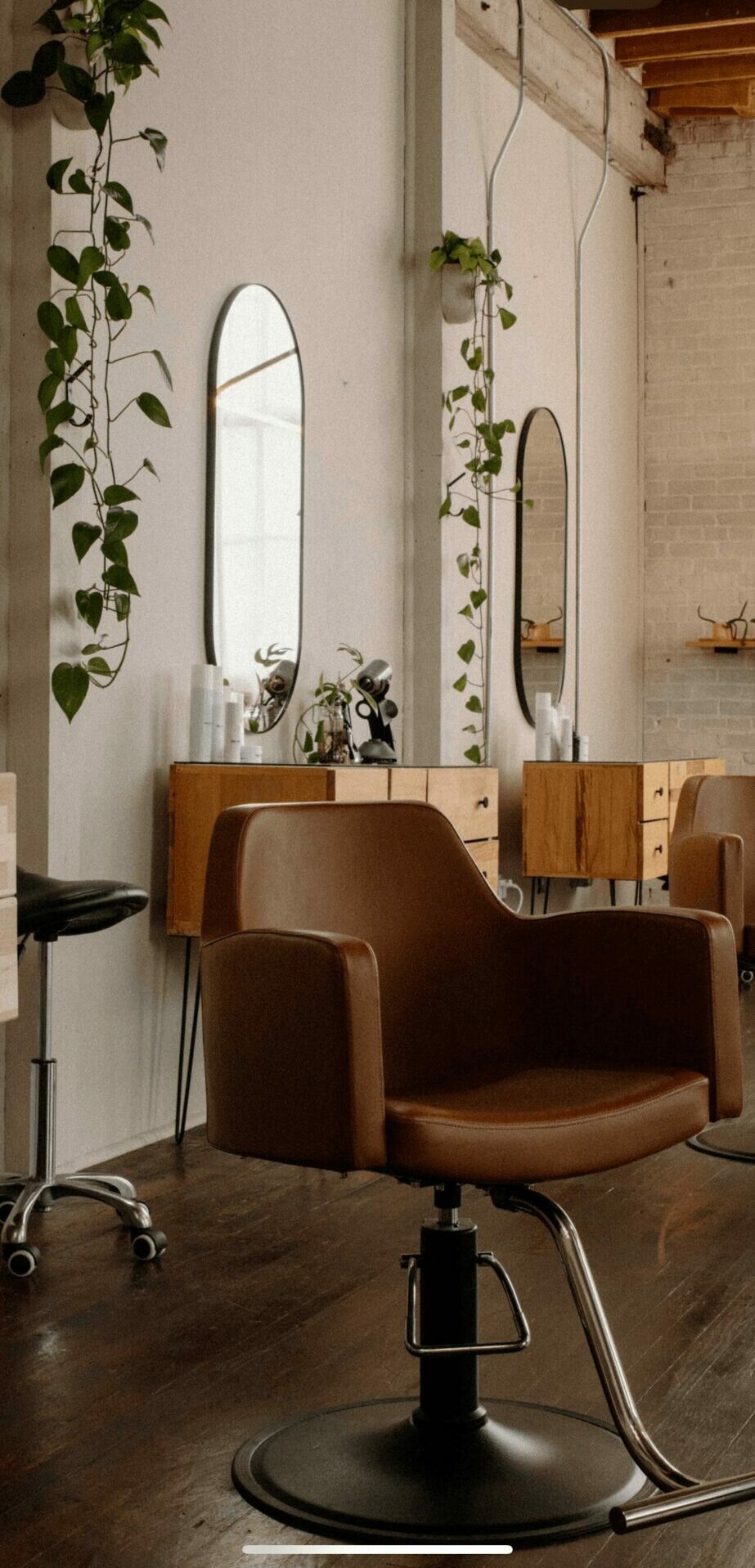 Salon interior with brown chair, tall mirrors, and hanging plants on a white wall, wooden ceiling, and hardwood floor.