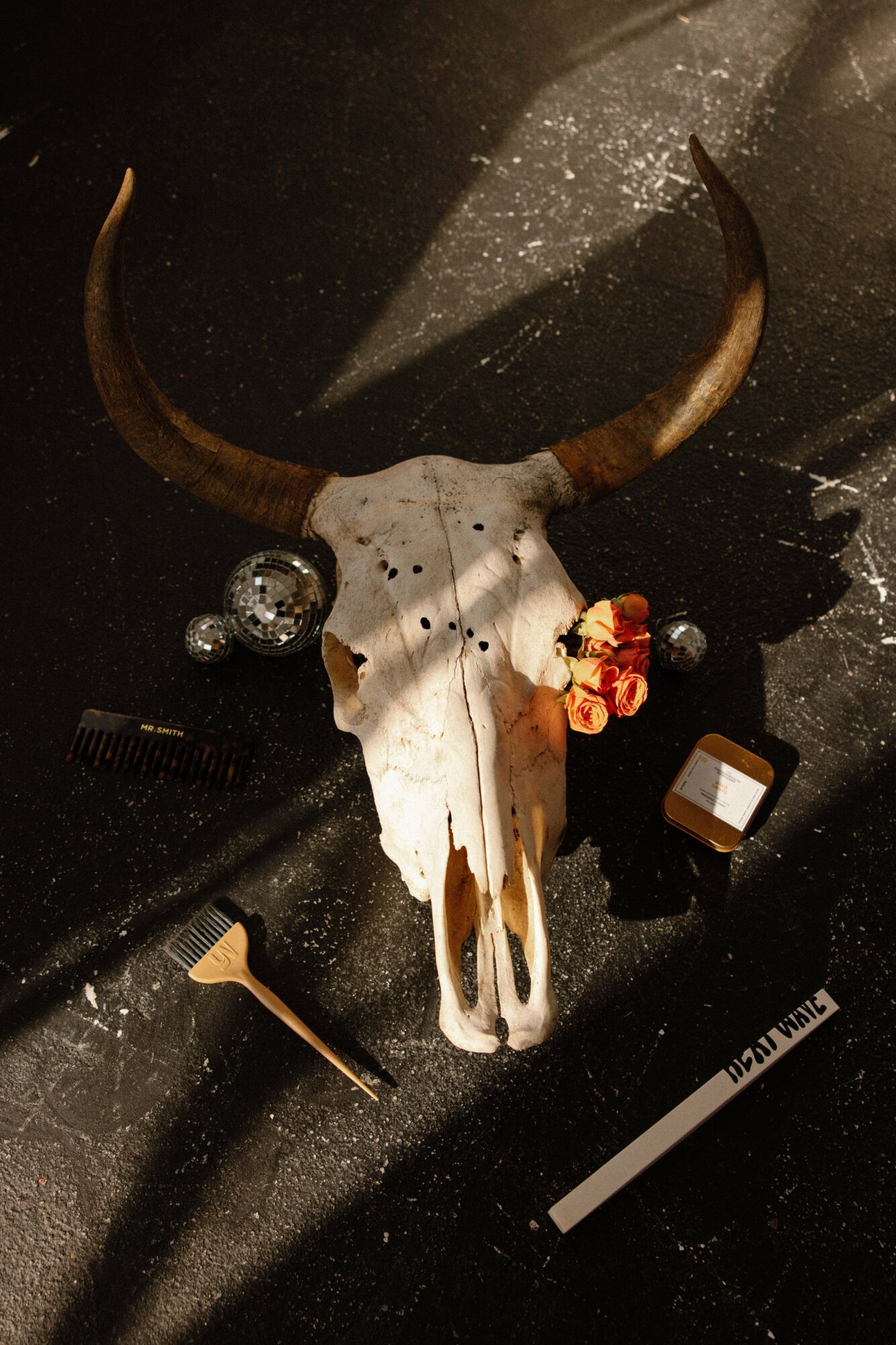 Decorative animal skull with horns, surrounded by small objects on a dark surface, with light and shadow effects.
