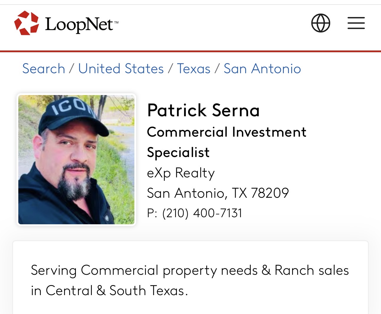 Business card for Patrick Serna, Commercial Investment Specialist at eXp Realty, with a photo of a man wearing a cap, contact info, and location in San Antonio, Texas.