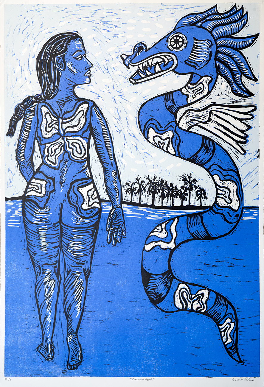 A woman with long hair and detailed body markings stands near water, facing a large, blue, serpent-like creature with a dragon head.