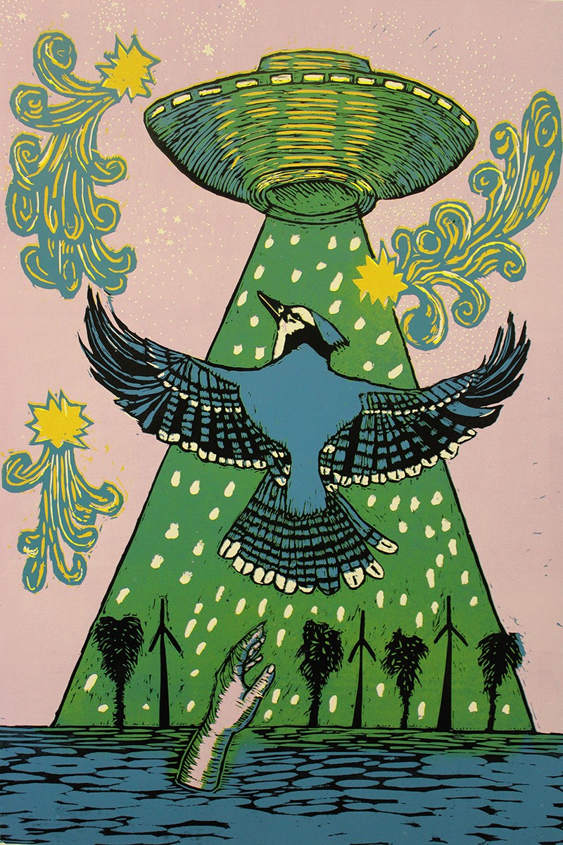A bird with outstretched wings flying above water, with a large green UFO and stylized trees in the background.