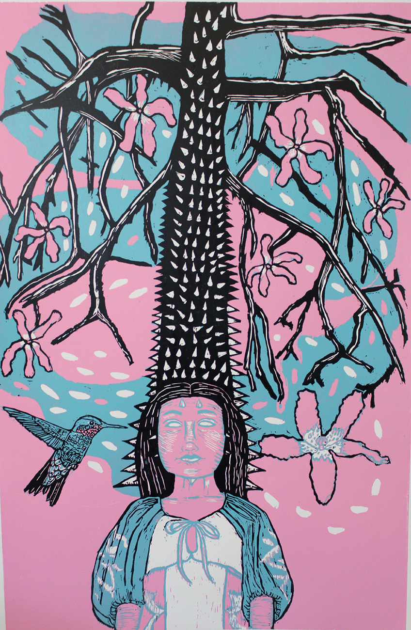 A woman with long hair stands beneath a large tree with pink and blue background, surrounded by a hummingbird and butterflies.