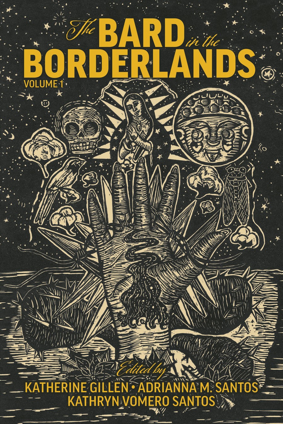 Book cover titled 'The Bard of the Borderlands' featuring illustrated skeletons and a central figure with a crown, stars in background.